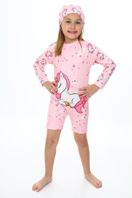 Kız Çocuk Yüzücü Şortlu Boneli 2 Parça Mayo Takımı 3-10 Yaş 028