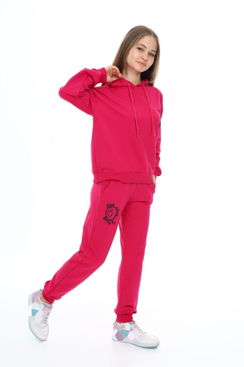 Kız Çocuk Arkası Baskılı Kapüşonlu 2 İplik Eşofman Takım Px 5051