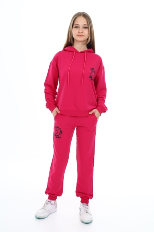 Kız Çocuk Arkası Baskılı Kapüşonlu 2 İplik Eşofman Takım Px 5051