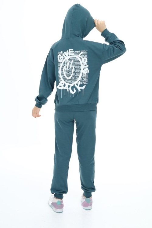 Kız Çocuk Arkası Baskılı Kapüşonlu 2 İplik Eşofman Takım Px 5051