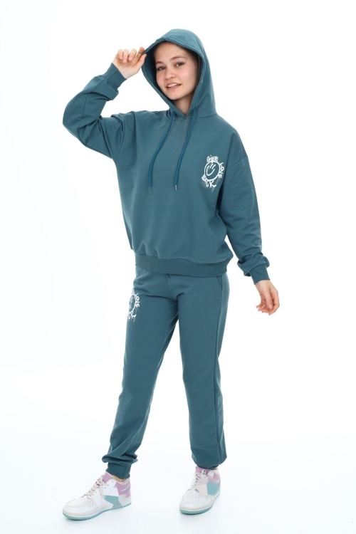 Kız Çocuk Arkası Baskılı Kapüşonlu 2 İplik Eşofman Takım Px 5051