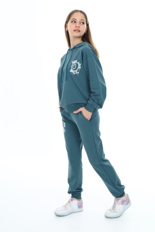 Kız Çocuk Arkası Baskılı Kapüşonlu 2 İplik Eşofman Takım Px 5051