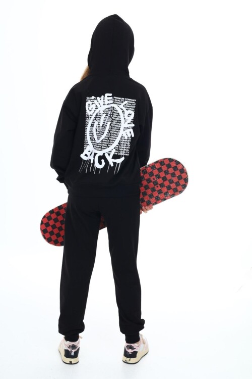 Kız Çocuk Arkası Baskılı Kapüşonlu 2 İplik Eşofman Takım Px 5051