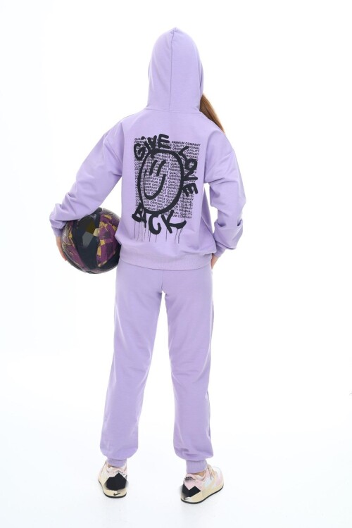 Kız Çocuk Arkası Baskılı Kapüşonlu 2 İplik Eşofman Takım Px 5051