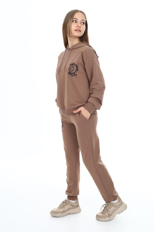 Kız Çocuk Arkası Baskılı Kapüşonlu 2 İplik Eşofman Takım Px 5051
