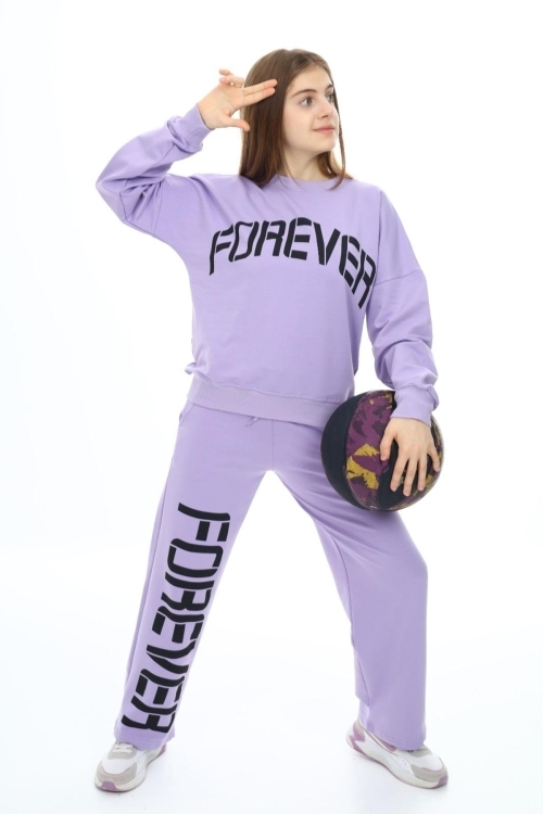 Kız Çocuk Forever Baskılı Geniş Paçalı 2 İplik Eşofman Takımı Px7122