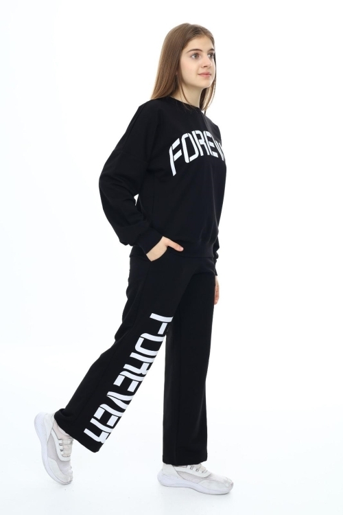 Kız Çocuk Forever Baskılı Geniş Paçalı 2 İplik Eşofman Takımı Px7122