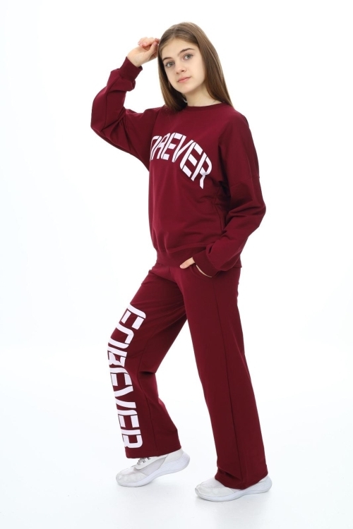 Kız Çocuk Forever Baskılı Geniş Paçalı 2 İplik Eşofman Takımı Px7122