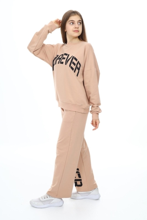 Kız Çocuk Forever Baskılı Geniş Paçalı 2 İplik Eşofman Takımı Px7122