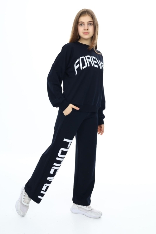 Kız Çocuk Forever Baskılı Geniş Paçalı 2 İplik Eşofman Takımı Px7122