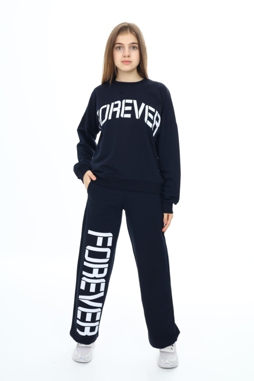 Kız Çocuk Forever Baskılı Geniş Paçalı 2 İplik Eşofman Takımı Px7122