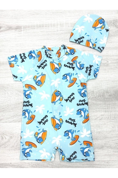 Erkek Çocuk Boneli Mayo Takımı (Tulum Mayo+Bone) 2-8 Yaş 12219