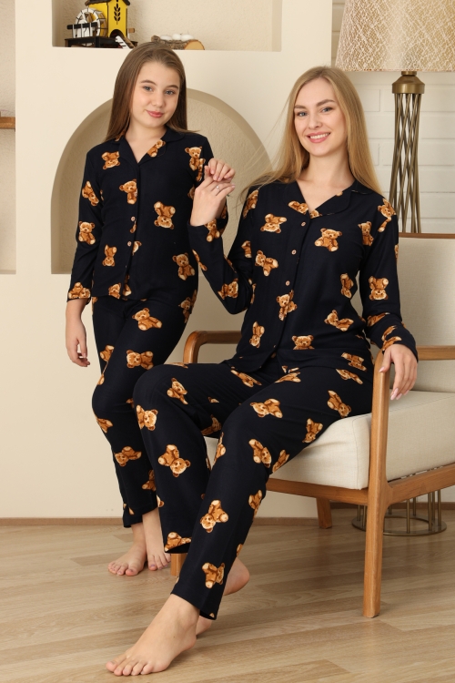 Kadın Pijama Takımı %100 Pamuk-Pat Yakalı ve Düğme Kapamalı 12309