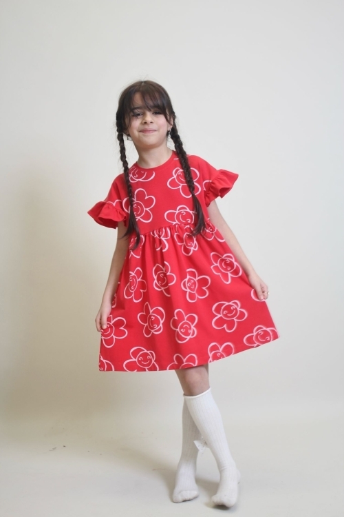 Kız Çocuk %100 Pamuk Kol Fırfırlı Elbise 4-10 Yaş 12241