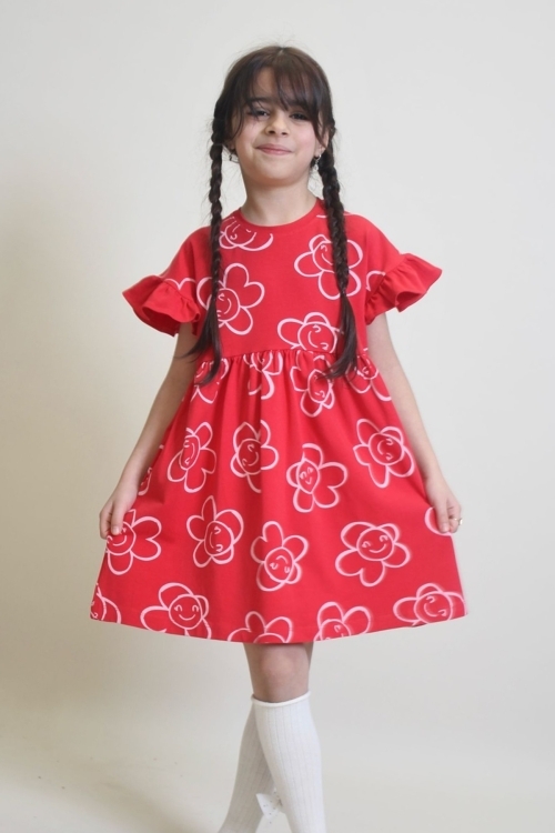 Kız Çocuk %100 Pamuk Kol Fırfırlı Elbise 4-10 Yaş 12241