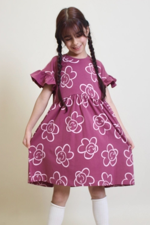 Kız Çocuk %100 Pamuk Kol Fırfırlı Elbise 4-10 Yaş 12241