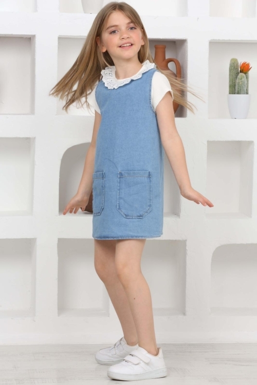Kız Çocuk 2li Jean Elbise (Çift Cepli Jean Elbise+Bluz)12203