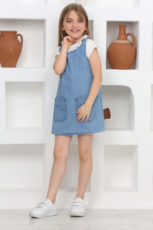Kız Çocuk 2li Jean Elbise (Çift Cepli Jean Elbise+Bluz)12203