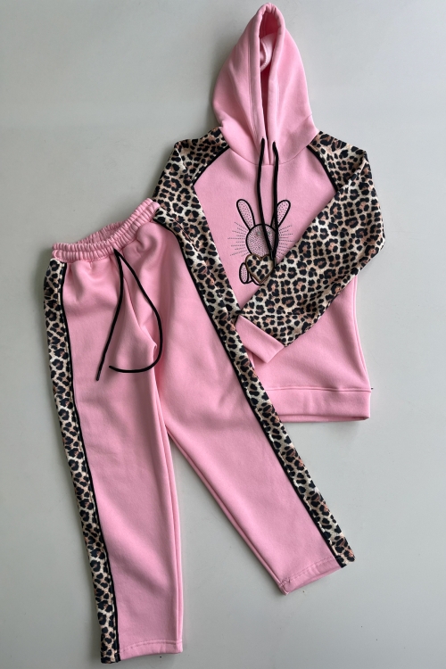 Kız Çocuk 3 İplik Alt-Üst Takım Kapüşonlu Rotasyon Desenli Nakış ve Taş Baskılı 12311