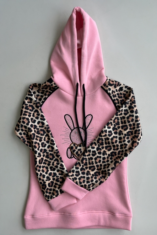 Kız Çocuk 3 İplik Alt-Üst Takım Kapüşonlu Rotasyon Desenli Nakış ve Taş Baskılı 12311