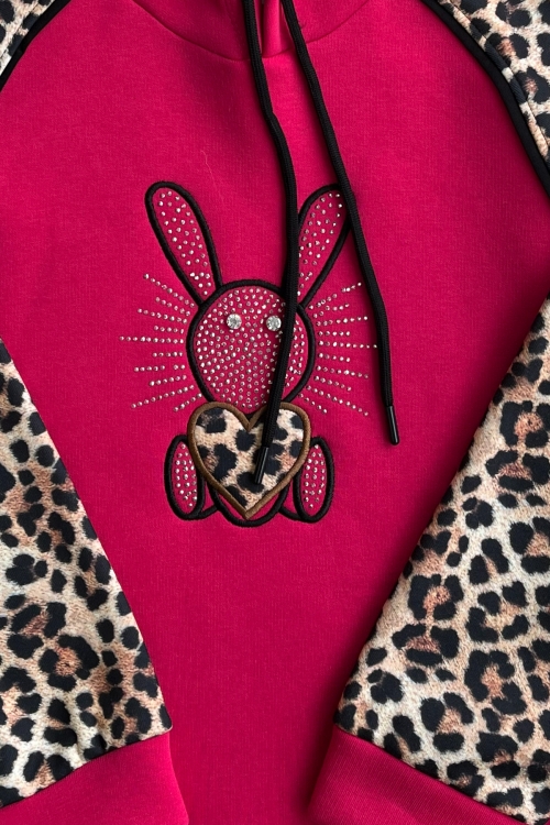 Kız Çocuk 3 İplik Alt-Üst Takım Kapüşonlu Rotasyon Desenli Nakış ve Taş Baskılı 12311