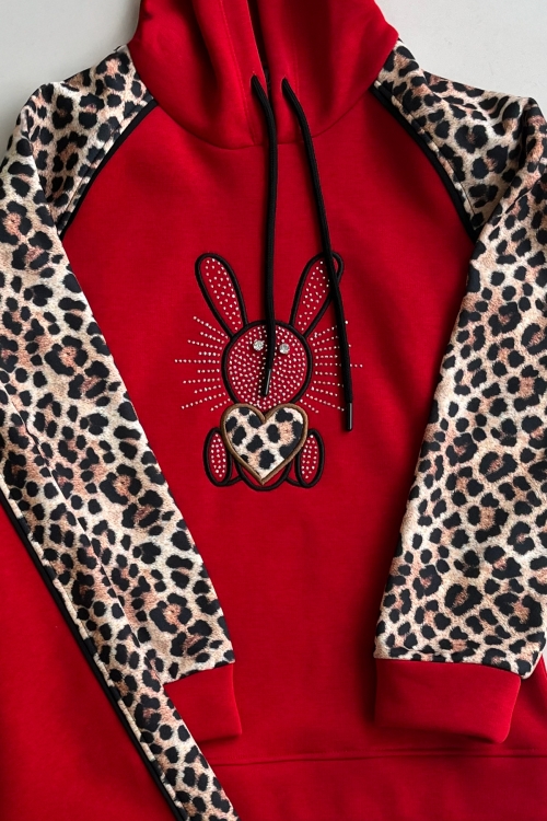 Kız Çocuk 3 İplik Alt-Üst Takım Kapüşonlu Rotasyon Desenli Nakış ve Taş Baskılı 12311