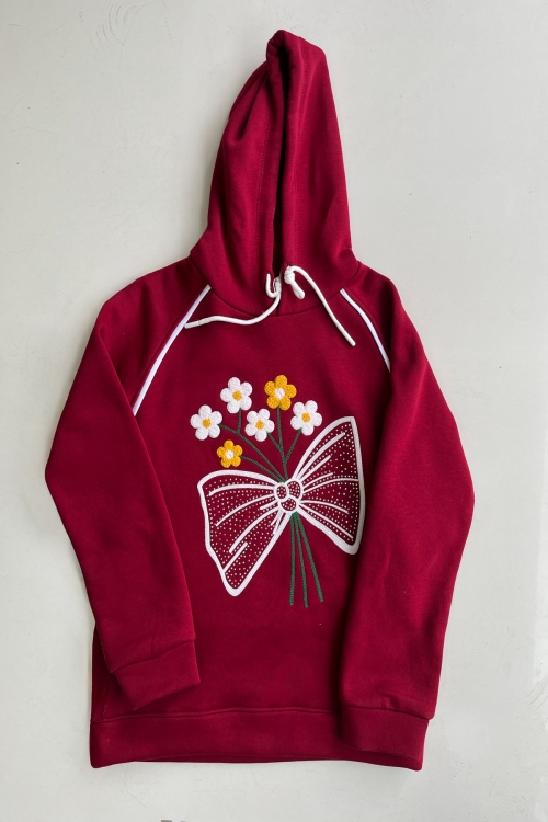 Kız Çocuk 3 iplik Kapüşonlu Nakış ve Taş Baskılı Paça Sıkma Aparatlı Alt-Üst Takım 12310