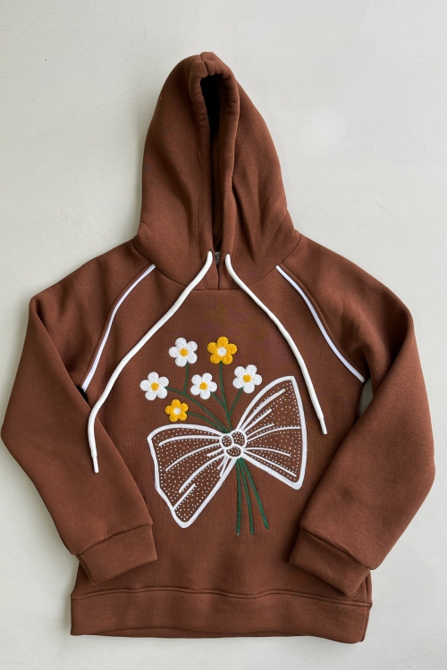 Kız Çocuk 3 iplik Kapüşonlu Nakış ve Taş Baskılı Paça Sıkma Aparatlı Alt-Üst Takım 12310