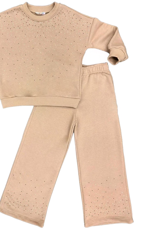 Kız Çocuk 3 İplik Taş Detaylı Alt-Üst Takım 4-12 Yaş 12346