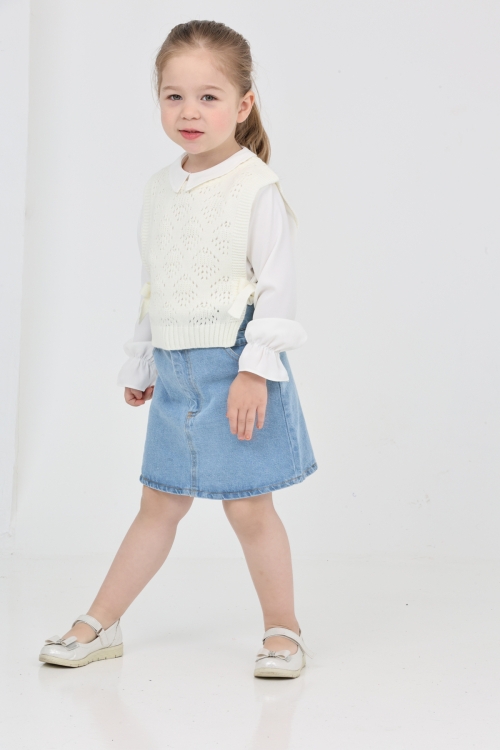 Kız Çocuk 3lü Jean Takım (Jean Etek+Gömlek+Triko Yelek) 12170