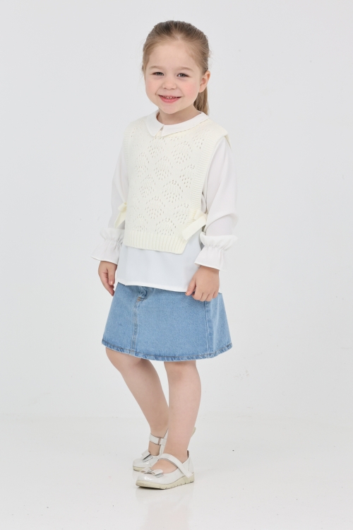 Kız Çocuk 3lü Jean Takım (Jean Etek+Gömlek+Triko Yelek) 12170