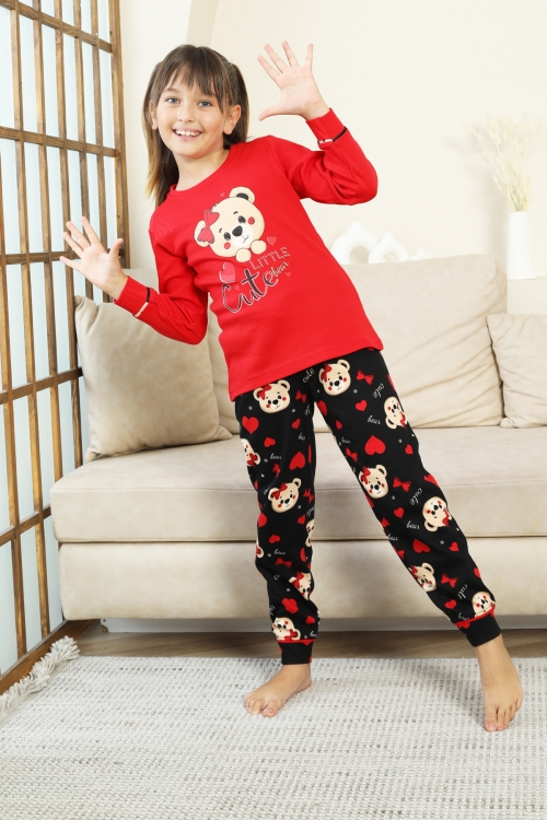 Kız Çocuk Ayıcık Baskılı %100 Pamuk İnterlok Kumaş Pijama Takımı 12347