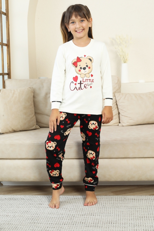 Kız Çocuk Ayıcık Baskılı %100 Pamuk İnterlok Kumaş Pijama Takımı 12347