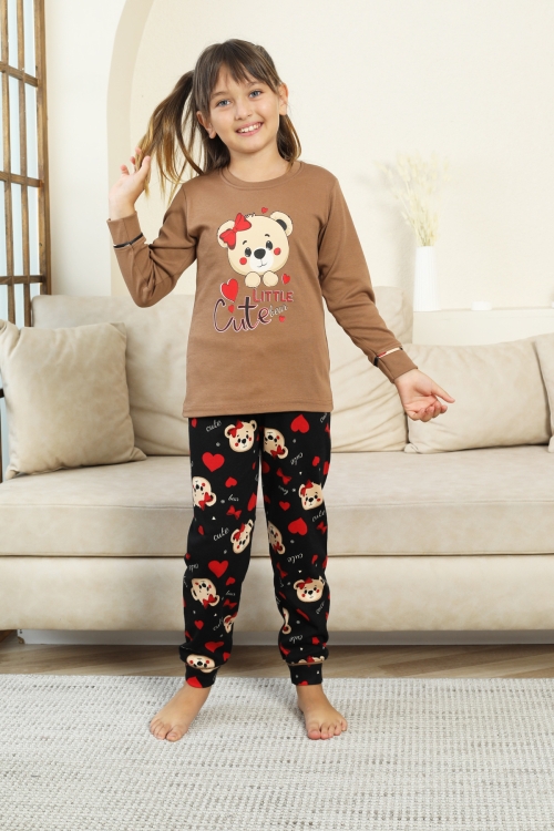 Kız Çocuk Ayıcık Baskılı %100 Pamuk İnterlok Kumaş Pijama Takımı 12347
