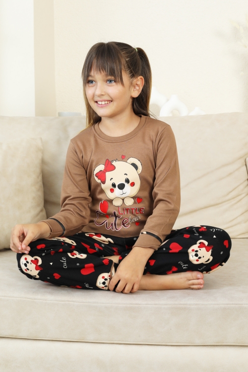 Kız Çocuk Ayıcık Baskılı %100 Pamuk İnterlok Kumaş Pijama Takımı 12347