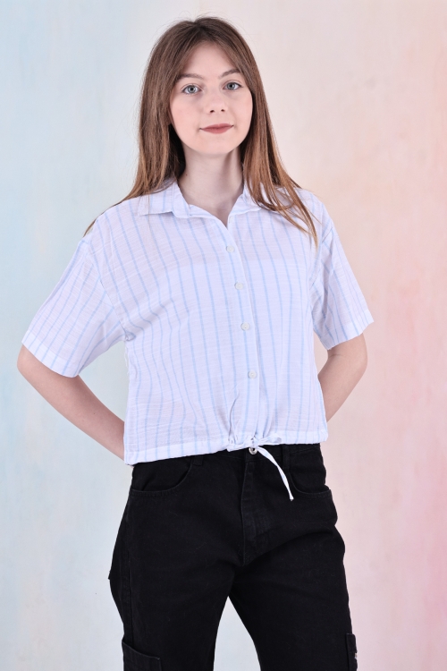 Kız Çocuk Bel Büzgü Detaylı Crop Gömlek 6-14 Yaş 12253