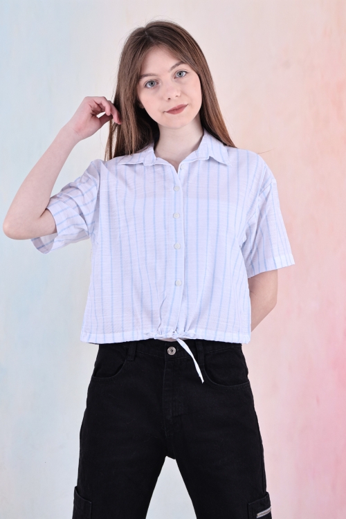 Kız Çocuk Bel Büzgü Detaylı Crop Gömlek 6-14 Yaş 12253