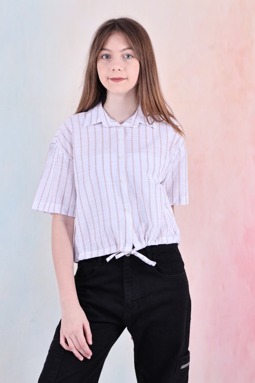 Kız Çocuk Bel Büzgü Detaylı Crop Gömlek 6-14 Yaş 12253