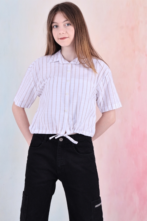 Kız Çocuk Bel Büzgü Detaylı Crop Gömlek 6-14 Yaş 12253