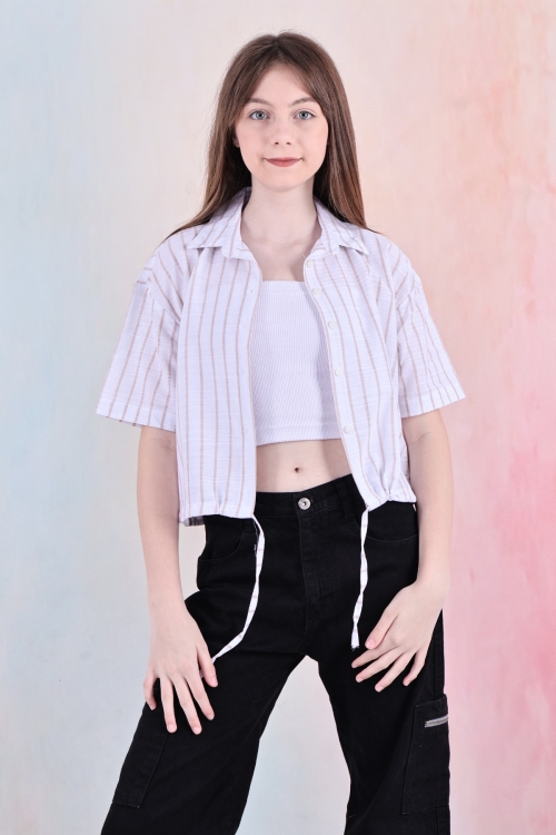 Kız Çocuk Bel Büzgü Detaylı Crop Gömlek 6-14 Yaş 12253