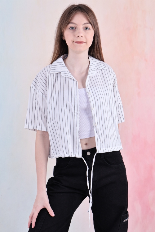 Kız Çocuk Bel Büzgü Detaylı Crop Gömlek 6-14 Yaş 12253