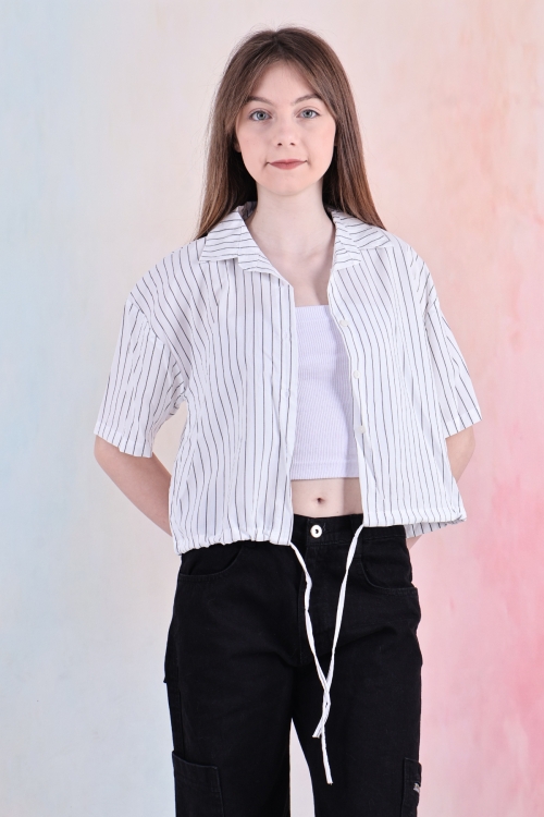 Kız Çocuk Bel Büzgü Detaylı Crop Gömlek 6-14 Yaş 12253