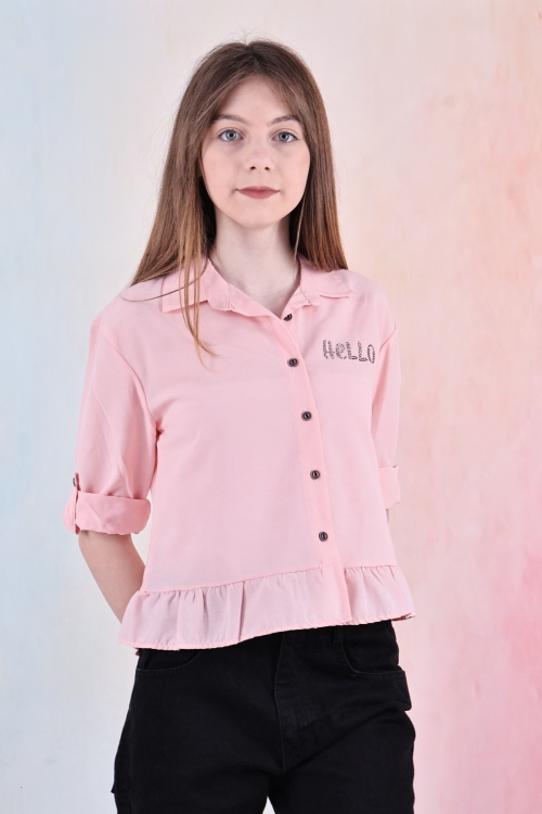 Kız Çocuk Bel Detaylı-Taş Baskılı Crop Gömlek 6-15 Yaş 12254