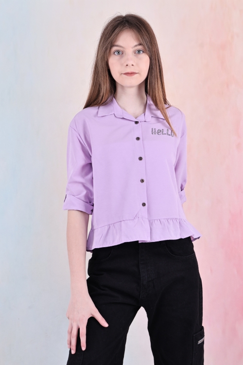 Kız Çocuk Bel Detaylı-Taş Baskılı Crop Gömlek 6-15 Yaş 12254