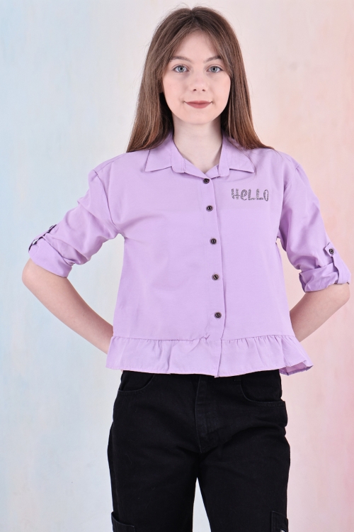 Kız Çocuk Bel Detaylı-Taş Baskılı Crop Gömlek 6-15 Yaş 12254