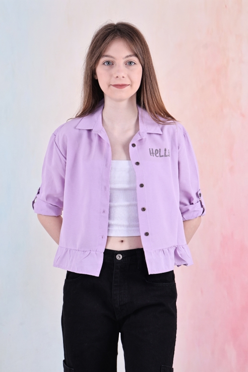 Kız Çocuk Bel Detaylı-Taş Baskılı Crop Gömlek 6-15 Yaş 12254