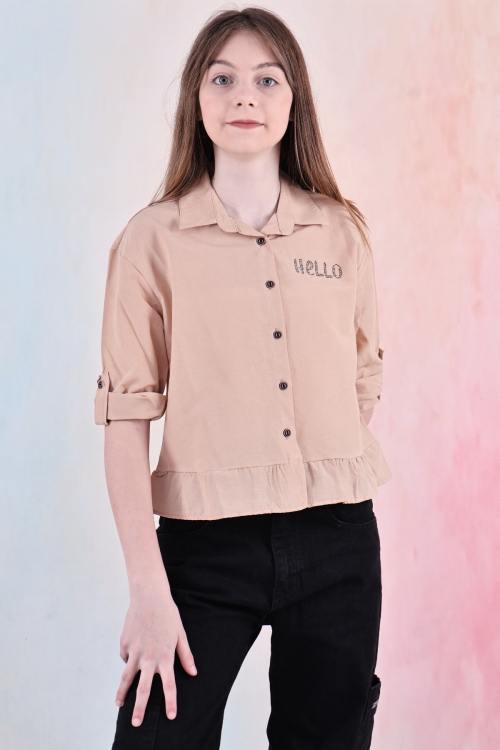 Kız Çocuk Bel Detaylı-Taş Baskılı Crop Gömlek 6-15 Yaş 12254