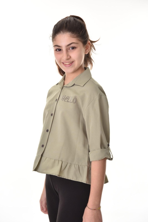 Kız Çocuk Bel Detaylı-Taş Baskılı Crop Gömlek 6-15 Yaş 12254