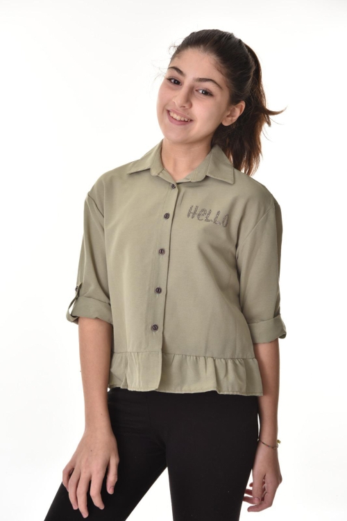 Kız Çocuk Bel Detaylı-Taş Baskılı Crop Gömlek 6-15 Yaş 12254