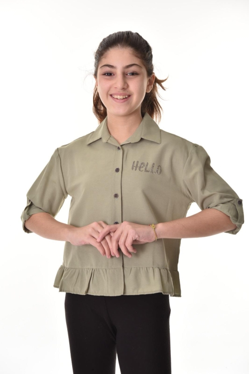 Kız Çocuk Bel Detaylı-Taş Baskılı Crop Gömlek 6-15 Yaş 12254
